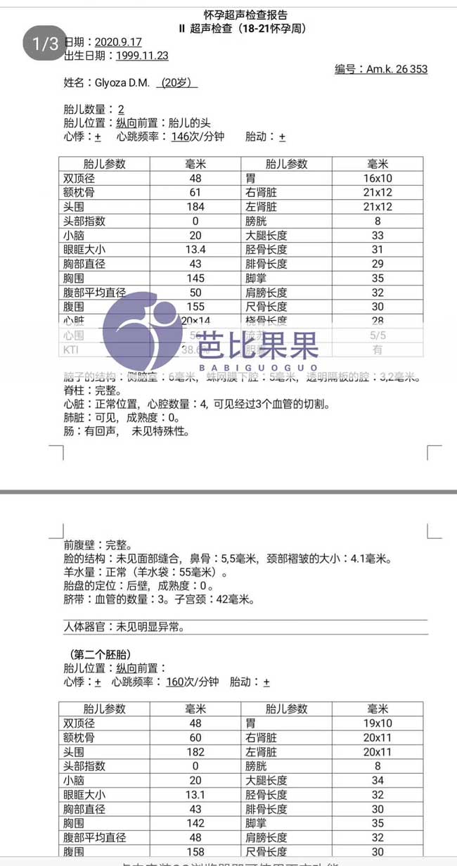 乌克兰试管代妈孕20周产检