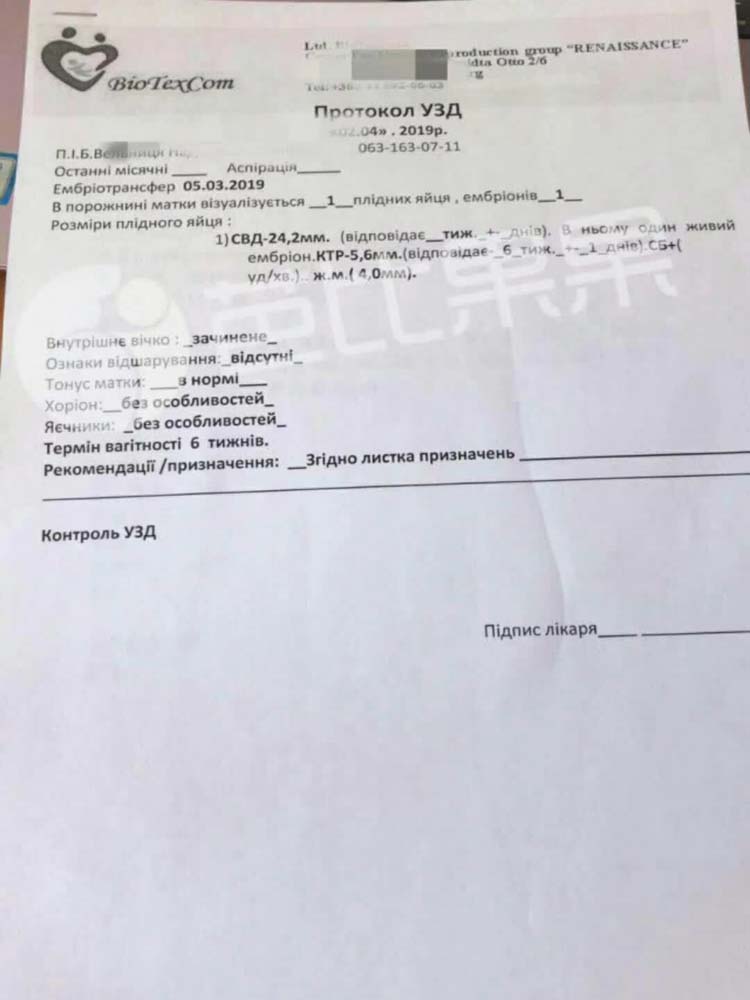 L夫妻的乌克兰试管移植怀第一次B超验孕成功