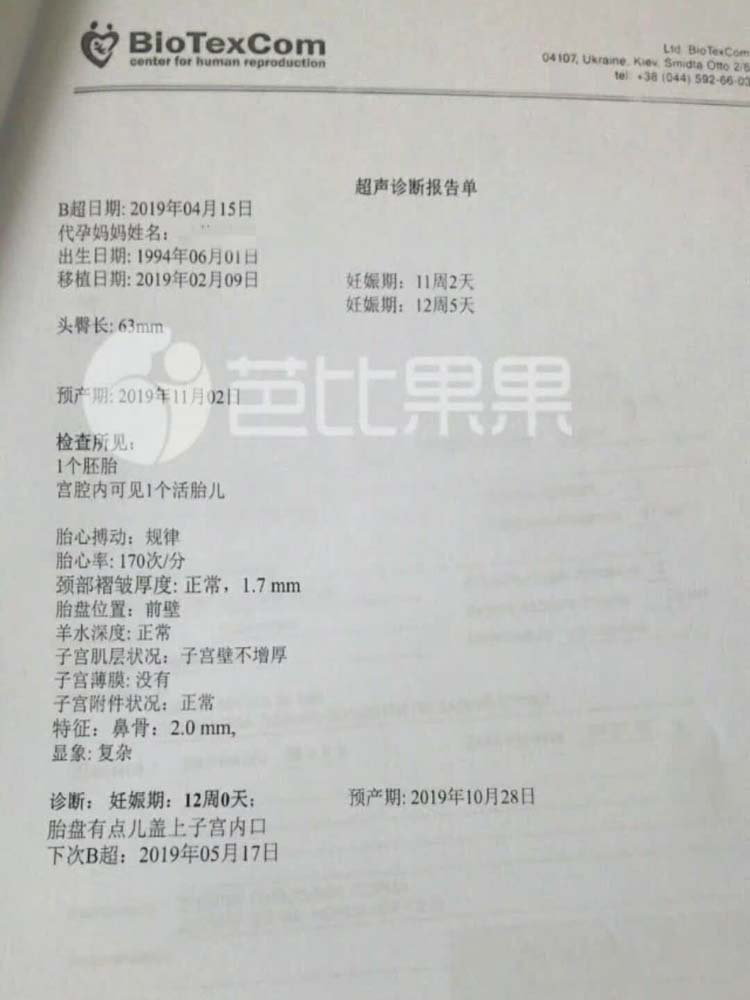 M先生乌克兰彼奥12周B超检查报告 发育情况良好