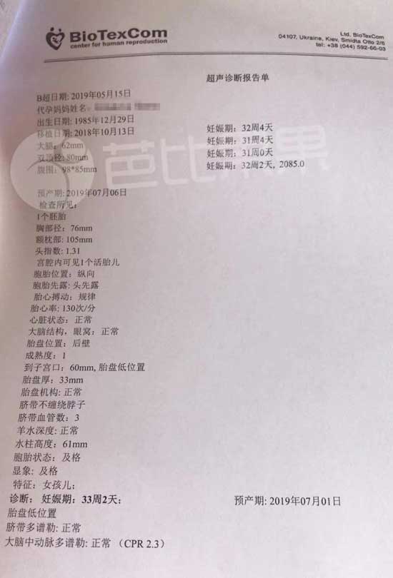 乌克兰彼奥孕妈的超声诊断报告单