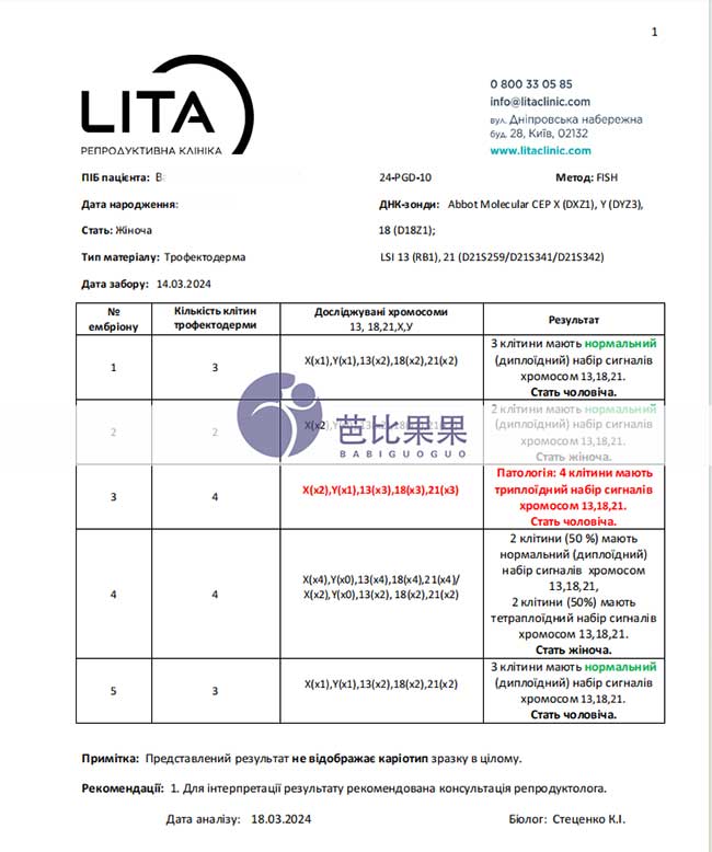 乌克兰丽塔医院给43岁姐姐促排的胚胎和筛查报告