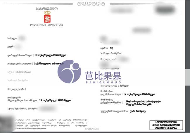 易先生到格鲁吉亚辅助生殖收到试管宝宝的出生证
